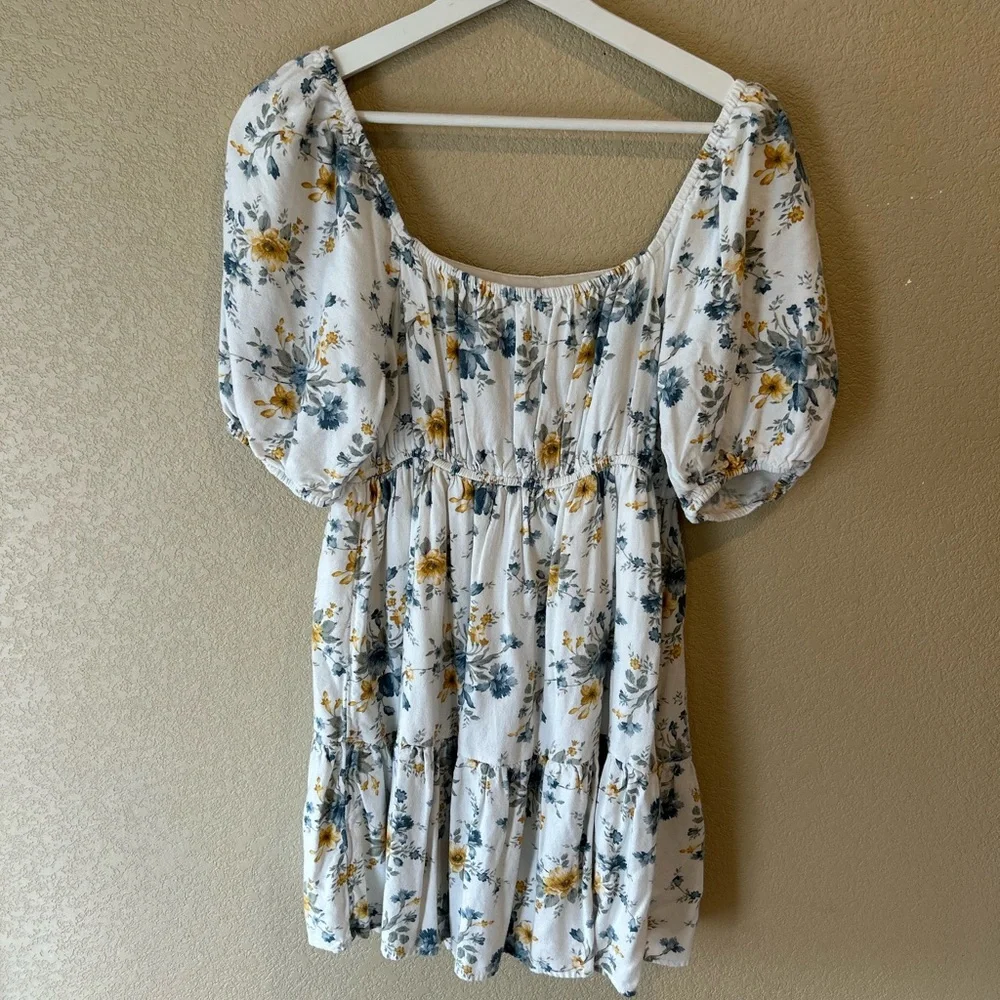 American Eagle Outfitters Blue and Yellow Floral Mini Dress Size M Cottagecore - Picture 5 of 8